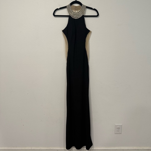 La Femme Black Pearl Embellished High Neck Maxi Gown 2 - Picture 1 of 7